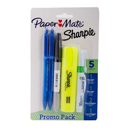 Pack 2 Bolígrafos + Lápiz Corrector Mini + Resaltador + Marcador Sharpie Fino