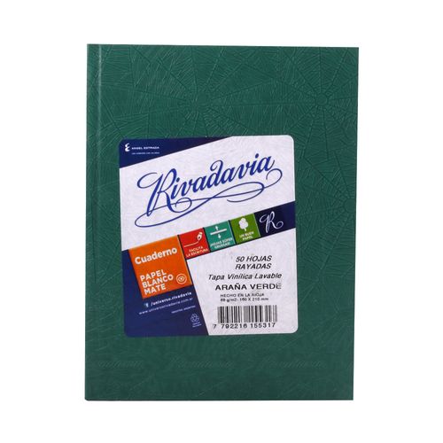 Cuaderno Rivadavia Forrado Rayado Verde 50 Hojas