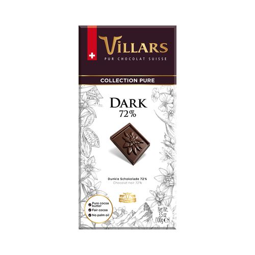 Chocolate Villars Pure Negro 72 % Cacao 100 Gr