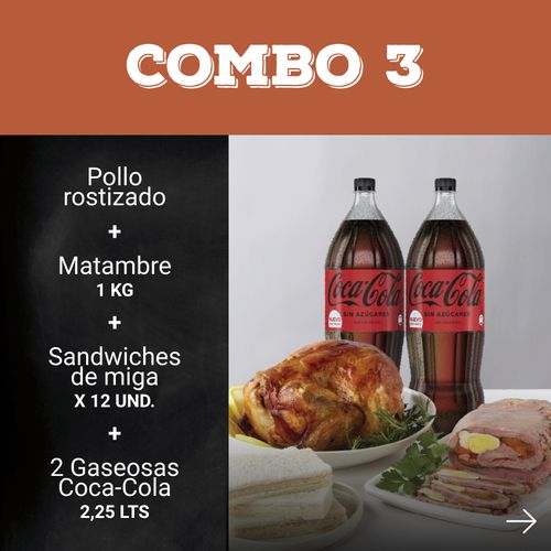 Combo 3 Pollo + Matambre + Rusa + Sandwich Miga + Pan + Gaseosas