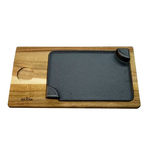 Plancha Cast Iron Con Base Acacia - La Hacienda - 45 X 24 X 1,5 Cm