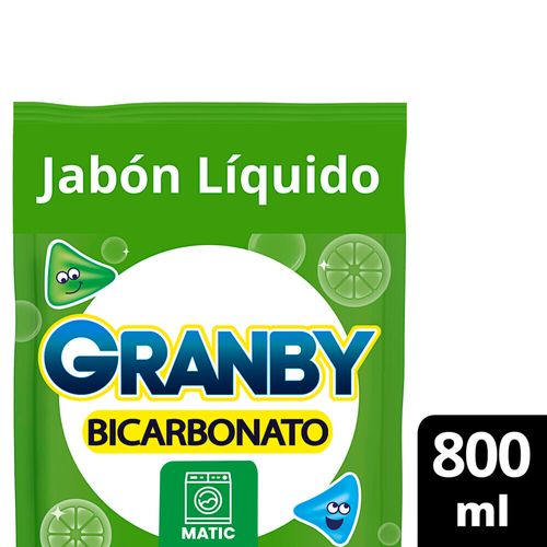 Jabón Líquido para lavar ropa Bicarbonato Baja Espuma de Limón 800 Ml Granby